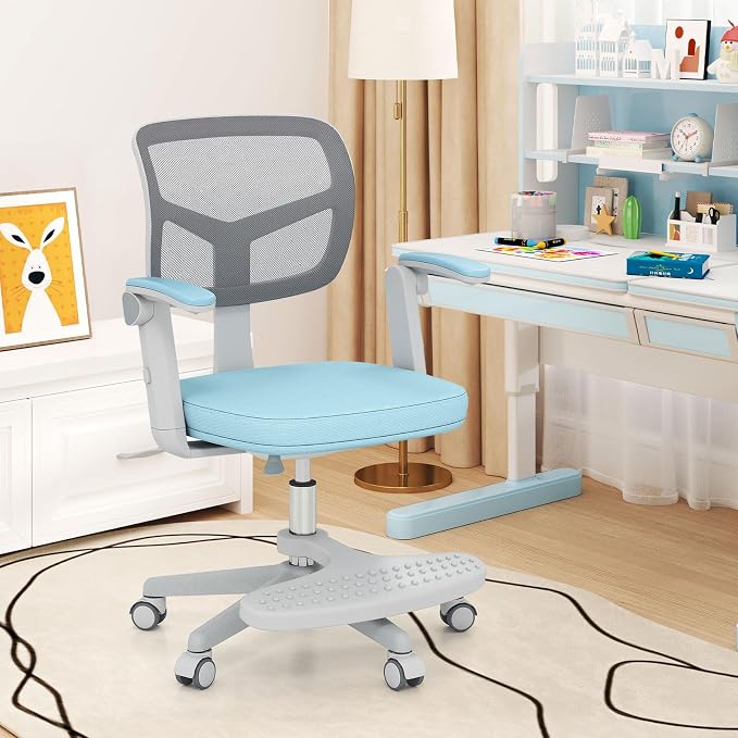 Giantex Kids Desk Chair, Ergonomic Adjustable Student Rolling Chair with Footrest & Flip-up Armrest, Mesh Children Office Chair with Universal Wheels, Kids Computer Chair for Boys & Girls, Blue
