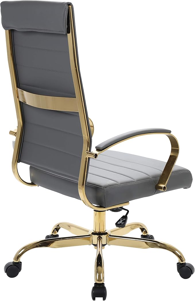 LeisureMod Modern High-Back Leather Office Chair - Swivel & Adjustable Executive Desk Chair with Gold Frame, Ergonomic Design for Home & Office (Grey, Single)