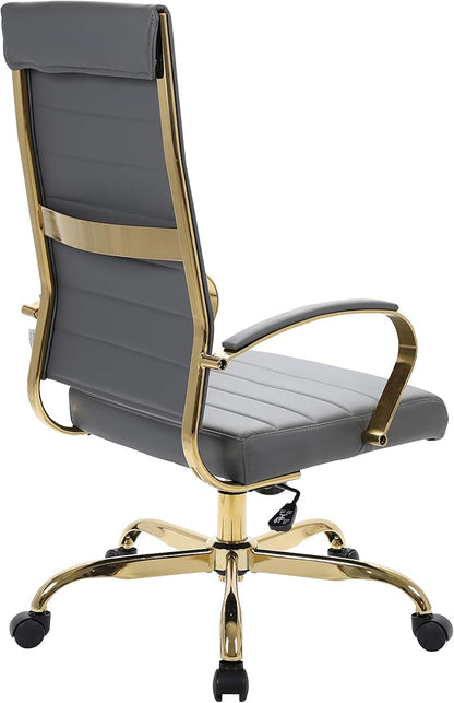 LeisureMod Modern High-Back Leather Office Chair - Swivel & Adjustable Executive Desk Chair with Gold Frame, Ergonomic Design for Home & Office (Grey, Single)