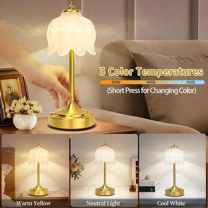 Cordless Lotus Flower Table Lamp, 5200mAh Rechargeable Battery Operated Portable Lamp, 3-Color Dimmable Touch Control Small Desk Lamp for Bedroom, Office, Kitchen, Nightstand,Room Decor(White)