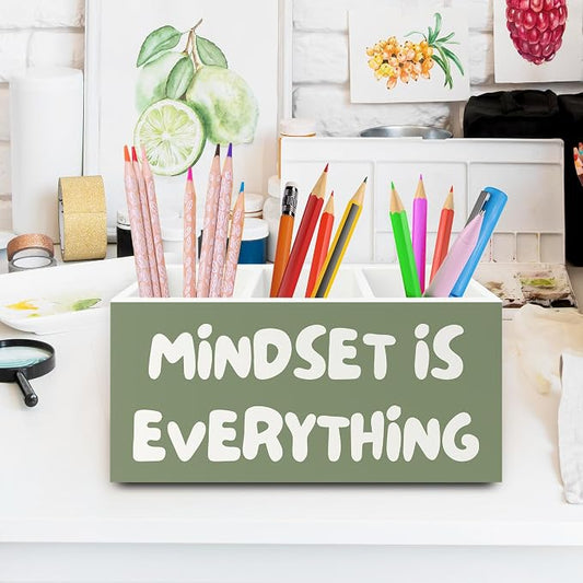 Green Inspirational Pen Pencil Holder Organizer for Desk, Inspirational Gifts for Women, Mindset Is Everything Motivational Wooden Box Sign for Home Office Desk Tabletop Decorations