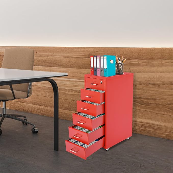 Vertical File Cabinet, 6 Drawers Rolling File Organizer Cabinets with Lock, Heavy Duty Metal Storage Cabinet, Movable Under Desk Filing Cabinet for Office, Study, Dresser (Red)