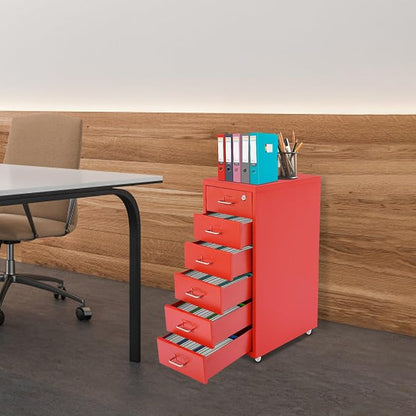 Vertical File Cabinet, 6 Drawers Rolling File Organizer Cabinets with Lock, Heavy Duty Metal Storage Cabinet, Movable Under Desk Filing Cabinet for Office, Study, Dresser (Red)