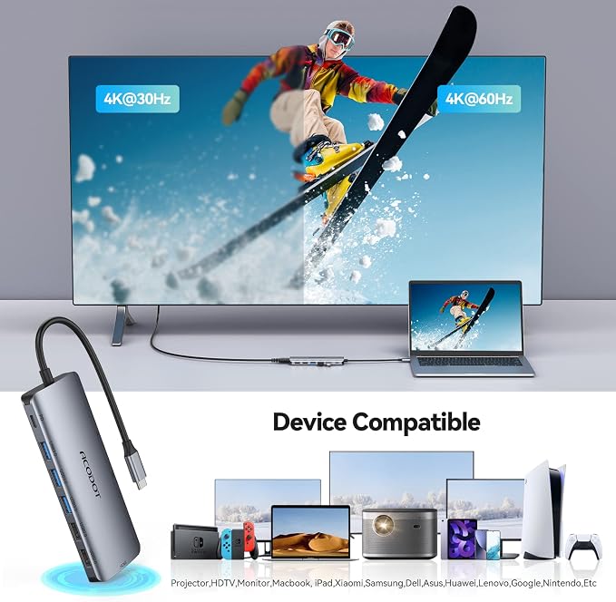 USB C Hub, 9-in-1 Multi-Port USB Adapter, 4K@60Hz HDMI, 100W Max PD, 3 USB3.0(5Gbps) + 2 USB2.0 Data Ports, SD/TF Card Reader for MacBook, iPad Pro, Dell, HP, Lenovo, Windows Laptop