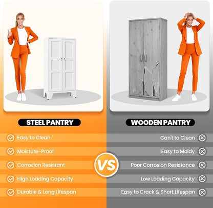 Metal White Storage Cabinet with 2 Doors and 3 Adjustable Shelves, 47.3" Tall Kitchen Pantry cabinets, Modern Food Pantry Cabinet,4 Tier Freestanding Framed Panel Door Cupboard for Kitchen Dining Room
