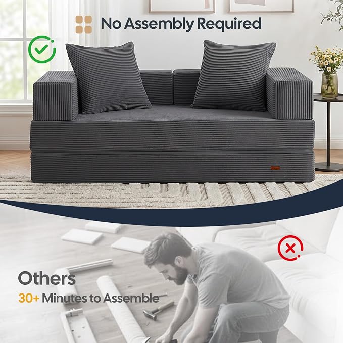 COMAX Futon Sofa Bed, 4‑in‑1 Convertible Sofa Bed, Folding Boneless Couches | Boneless Couch for living room, Fold Out Small Foldable Loveseat Floor Sleeper Mattress Lounge Space‑Saving, Grey
