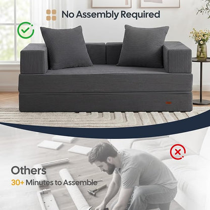 COMAX Futon Sofa Bed, 4‑in‑1 Convertible Sofa Bed, Folding Boneless Couches | Boneless Couch for living room, Fold Out Small Foldable Loveseat Floor Sleeper Mattress Lounge Space‑Saving, Grey