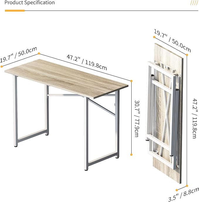Lutown-Teen Folding Desk 47 inch No Assembly Required Home Office Table, Writing Gaming Computer Camping Desk, Beige