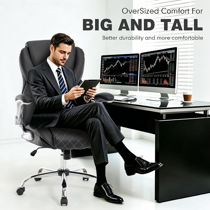 Big and Tall Office Chair 400lbs, High Back Ergonomic Desk Chair with Lumbar Support, Heavy Duty PU Leather Executive Computer Chair with Flip-up Arms, Rocking Swivel Task Chair for Home Office Black