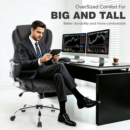 Big and Tall Office Chair 400lbs, High Back Ergonomic Desk Chair with Lumbar Support, Heavy Duty PU Leather Executive Computer Chair with Flip-up Arms, Rocking Swivel Task Chair for Home Office Black