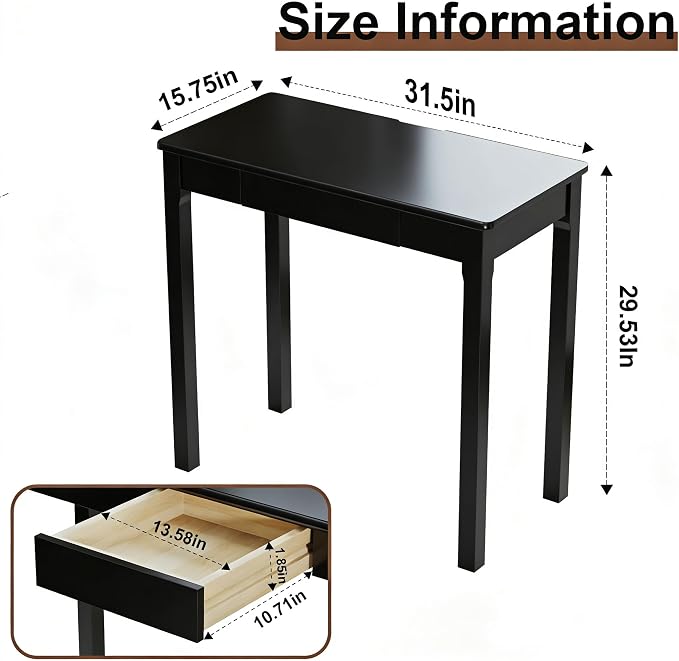 Solid Wooden Desk with Drawers - 32 x 16 Inch Narrow Desks for Small Spaces, Rubberwood Simple Study Table, Small Writing Desk for Bedroom - Modern Black Desks