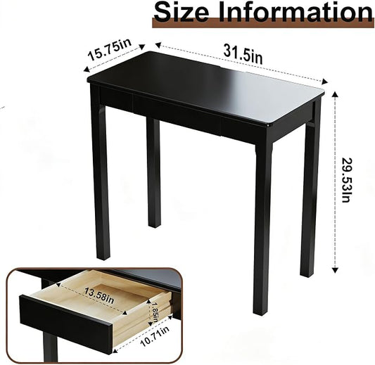 Solid Wooden Desk with Drawers - 32 x 16 Inch Narrow Desks for Small Spaces, Rubberwood Simple Study Table, Small Writing Desk for Bedroom - Modern Black Desks