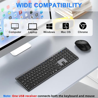 Wireless Keyboard and Mouse Combo, Full Size Silent Ultra Thin Keyboard with Magnetic Wrist Rest, Optical Mouse, 2.4G Lag-Free Cordless Mice Keyboard Set for Computer, Mac, Laptop, PC, Windows