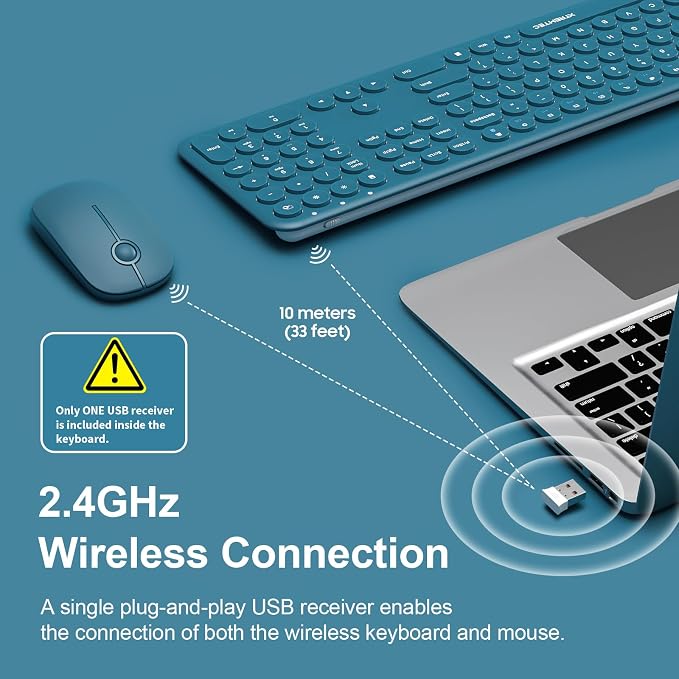 2.4GHz Full Size XTREMTEC Wireless Keyboard and Mouse Combo,Ultra Slim Silent Cute Aesthetic Retro Round Keycap Keyboard,Cordless Quiet Blue Keyboard and Mouse Wireless for Windows,Mac OS (Blue)
