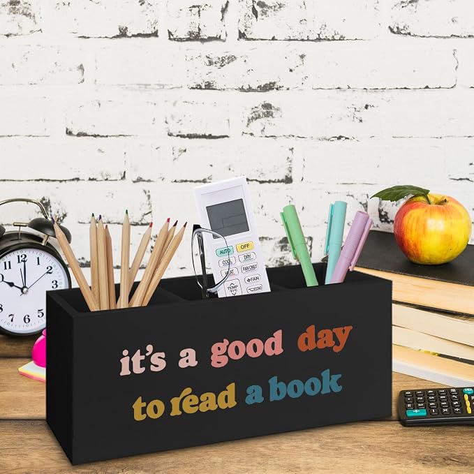 Black Wooden BookmarkPen Pencil Holder Decor for Desk, Book Lover Gifts, It's a Good Day to Read a Book Wood Makeup Brush Toothbrush Holder Organizer for Reading Corner Room Library