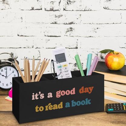 Black Wooden BookmarkPen Pencil Holder Decor for Desk, Book Lover Gifts, It's a Good Day to Read a Book Wood Makeup Brush Toothbrush Holder Organizer for Reading Corner Room Library