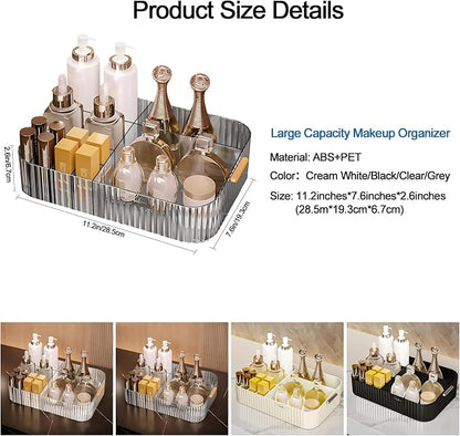 DASITON Large Capacity Makeup Organizer,12 Slots Makeup Brush Holder,Makeup Storage with Handle,Vintage Striped Cosmetic Organizer for Bathroom Countertops,Desk Storage Container(Grey)