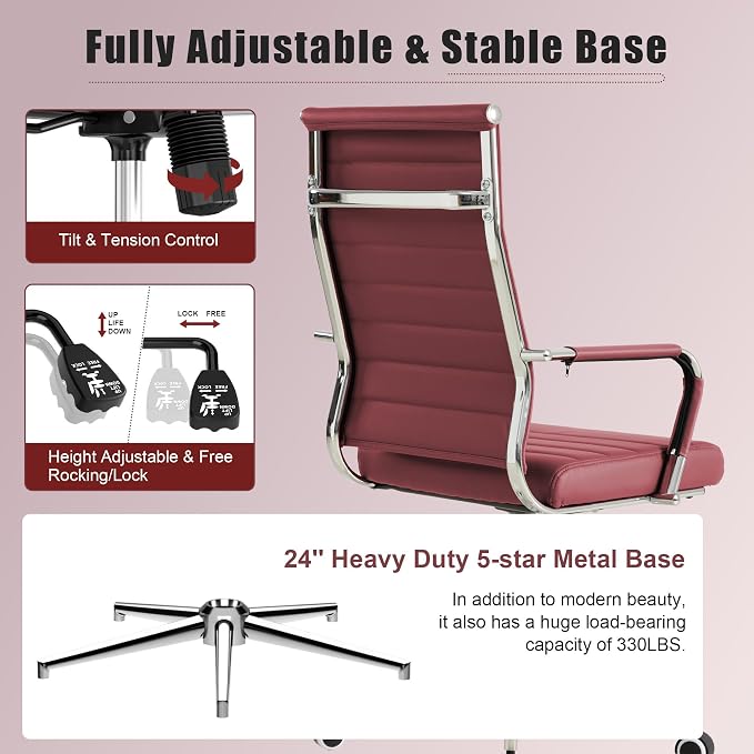 Red Office Desk Chair, Ergonomic Leather Modern Conference Room Chairs, Executive Ribbed Height Adjustable Swivel Rolling Chair for Home Office. (Red)