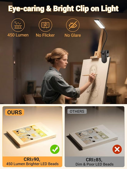 Clip on Light,9 Brightness+5 Colors Rechargeable Lamp,4000mAh Battery Powered Lamp,450 Lumen 48 LED Desk Lamp with Clamp,Cordless & Wireless Lamp,Reading Light for Bed/Headboard/Table/Dorm/Home Office