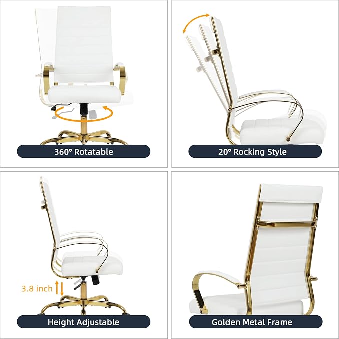 LANDSUN Home Office Chair High Back Executive Chair Ribbed PU Leather Computer Desk Chair with Armrests Soft Padded Adjustable Height Swivel Conference Gold Frame White