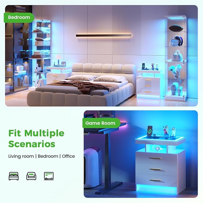 HNEBC LED Nightstand with Charging Station,Smart Bedside Table with Motion Sensor Lights,3 Drawers,Tempered Glass Top,High Gloss End Table with 3 Color Lights for Bedroom, Living Room,Office-White