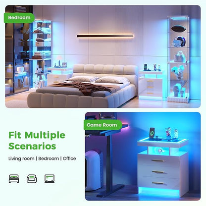 HNEBC LED Nightstand with Charging Station,Smart Bedside Table with Motion Sensor Lights,3 Drawers,Tempered Glass Top,High Gloss End Table with 3 Color Lights for Bedroom, Living Room,Office-White