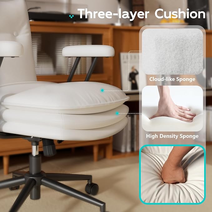White Leather Office Chair with Triple-Layer Seat, Home Desk Chair | Comfy 7.3-inch Thick Cushion, Mid Back Ergonomic Support for Long Hours, Smooth Silent Wheels, Mid-Century Vintage Style