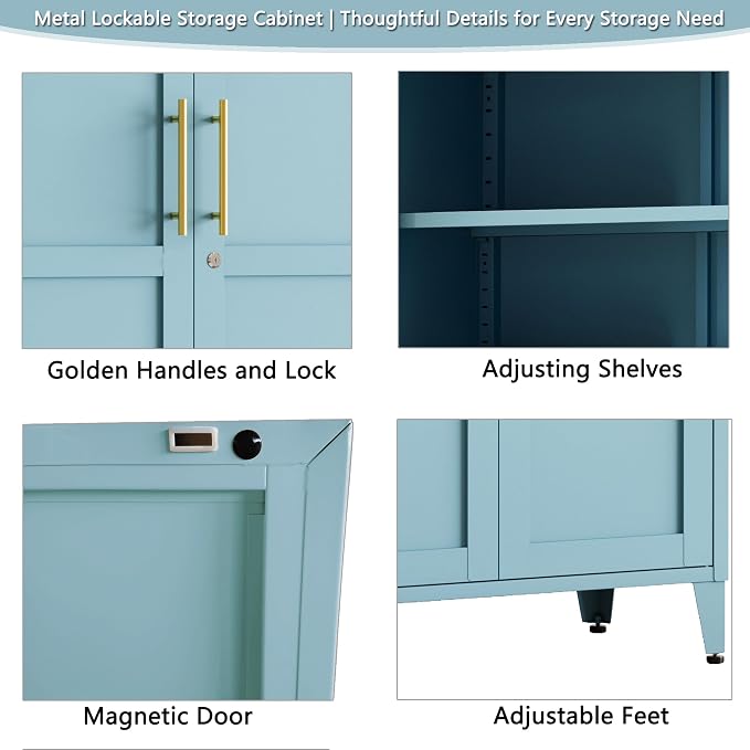 Metal Storage Cabinet with Lock,Blue Steel Tool Cabinet with 3 Adjustable Shelves,61 Tall Freestanding Heavy Duty Garage Locker for Home Office Kitchen 61" H X 27.6" W X 13.8" D