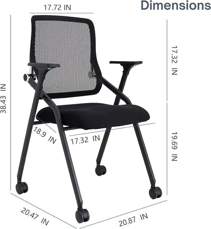 Updated Conference Room Chairs, Folding Office Desk Chair with Lumbar Support and Sliding Armrest with Casters, Stackable Office Guest Chairs & Reception Chairs, 6 Pack Black