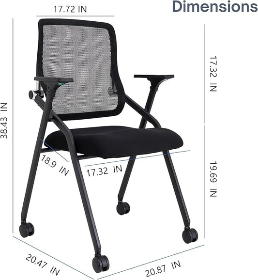Updated Conference Room Chairs, Folding Office Desk Chair with Lumbar Support and Sliding Armrest with Casters, Stackable Office Guest Chairs & Reception Chairs, 2 Pack Black