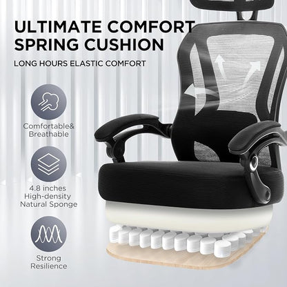 Ergonomic Office Chair with Footrest,Ultra Thick Reclining Office Desk Chair with Adjustable 2D Lumbar Support and Headrest,Spring Cushion,High Back Premium Mesh Computer Chair Office Chairs,Black