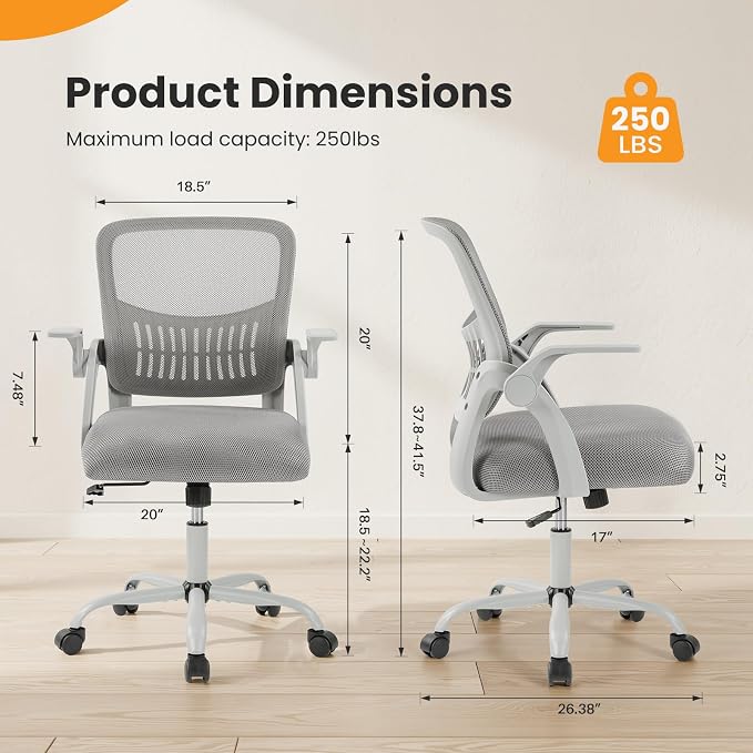 Sweetcrispy Home Office Managerial Executive Chair, Flip Up Armrest Ergonomic Mesh Adjustable Swivel Mid-Back Computer Desk Chair with Comfortable Lumbar Support, Comfy Arms for Bedroom,Study