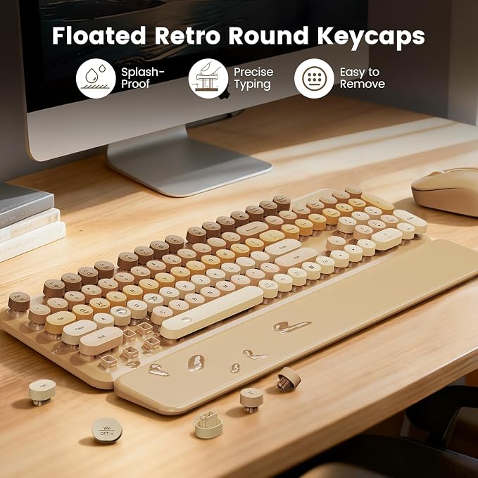 Wireless Keyboard and Mouse Combo, Full-Size Retro Typewriter Keyboard with Round Keycaps, Magnetic Wrist Rest & Tilt Legs, 2.4GHz Cordless for Mac/Windows PC/Laptop, SABLUTE CK23, Latte Gradient