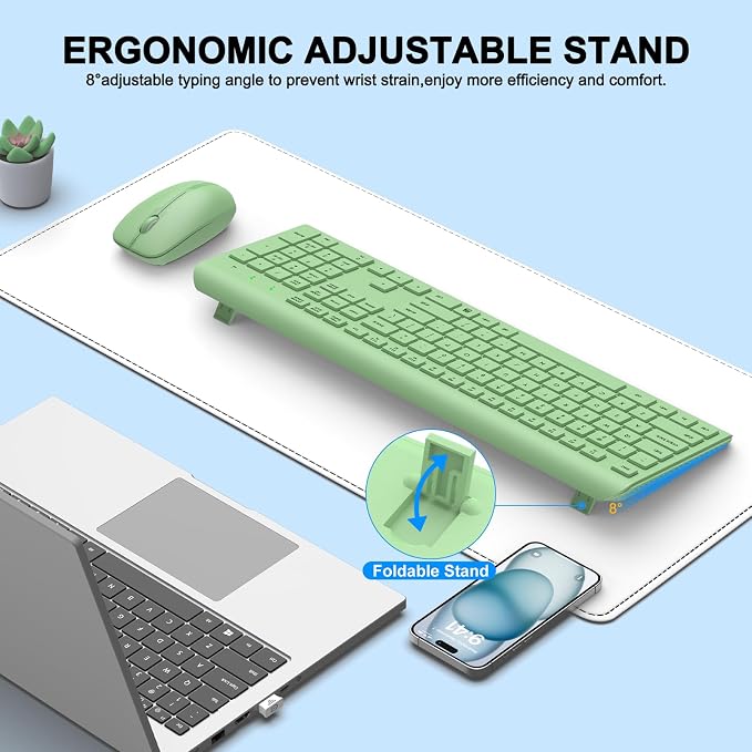 Wireless Keyboard and Mouse Combo, Full-Size Silent Ergonomic Keyboard and Optical Mouse, Long Battery Life, 2.4G Lag-Free Mice Keyboard for Mac, Laptop, PC, Windows(Avocado Green)
