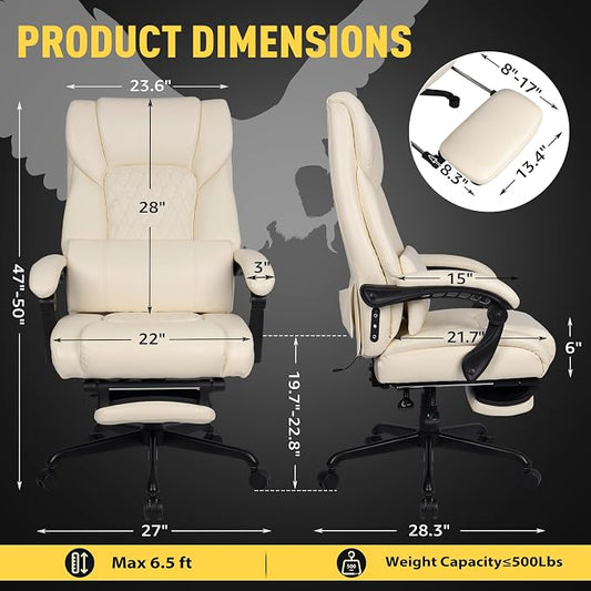 3D Kneading Massage Office Chair with Heat, 500 lbs Big and Tall Executive Computer Desk Recliner, Leather Electric Heated Office Chairs with Massage & Footrest