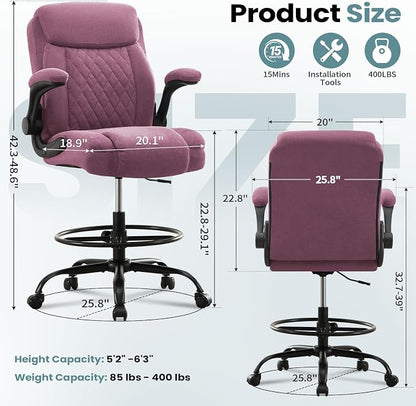 MAHOMICO Drafting Chair for Standing Desk – Tall Office Chair with Adjustable Height & Foot Ring, Flip-Up Arms, Lumbar Support – Comfortable Fabric Seat, Ideal Home Desk Chair