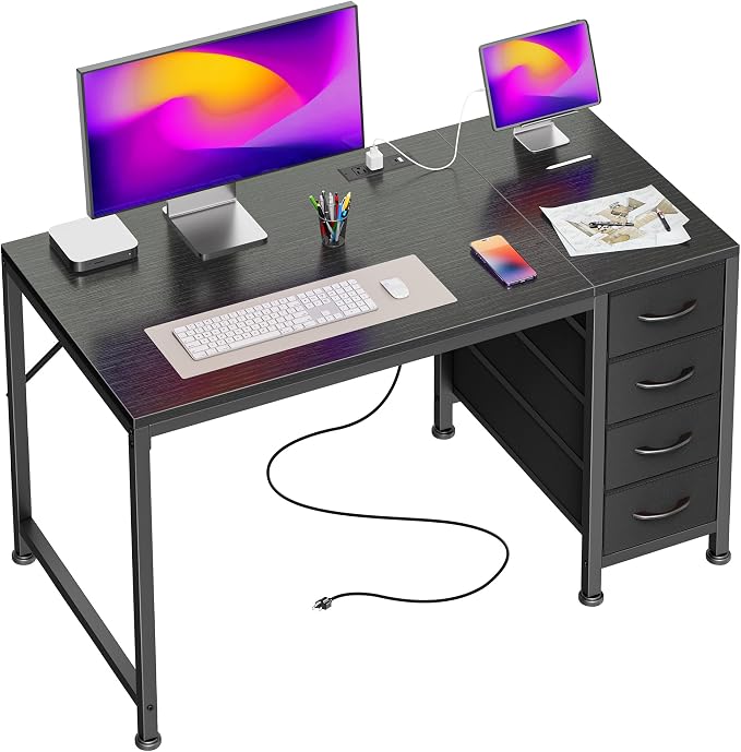 PRAISUN 39.4 Inch Computer Office Desk with Power Outelts and USB-C Port, Reversible Gaming Desk with 4 Fabric Drawers, Work Study Desk Work from Home, Black