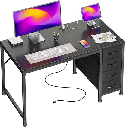 PRAISUN 39.4 Inch Computer Office Desk with Power Outelts and USB-C Port, Reversible Gaming Desk with 4 Fabric Drawers, Work Study Desk Work from Home, Black