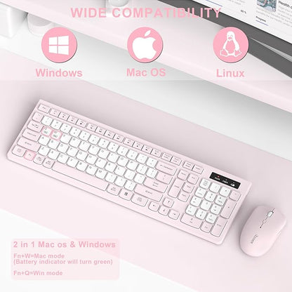 Wireless Keyboard and Mouse Combo, Full-Sized Quiet Wireless Keyboard and Adjustable DPI Mouse, 2.4GHz USB Receiver, Keyboard and Mouse for PC, Windows, Desktop, Laptop (Pink and White-B)