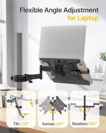 monTEK 2-in-1 Universal Laptop Pole Mount Tray for 10”- 15.6” Notebook or 17”-32” Monitor, Full Motion Laptop Mount with Removable 75/100mm VESA Plate, Fits 1.1”-2.4” Pole Diameter, Black