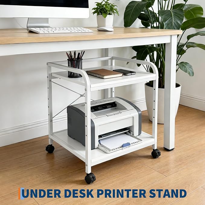 2 Tier Large Printer Stand, 20 Inches Deep Under Desk Printer Table with Height Adjustable Shelf, Rolling Printer Cart with Wheels for Home Office Storage - White