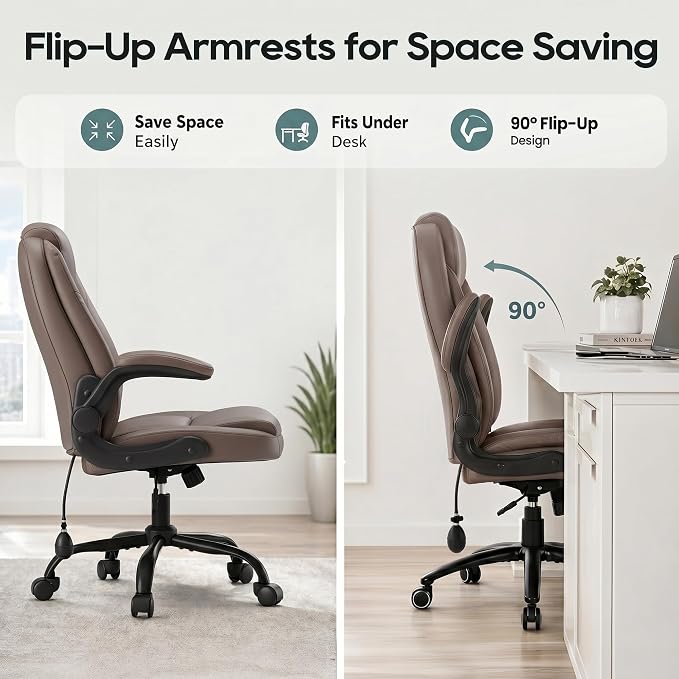 MALOL Leather Office Chair, Computer Desk Chair with Adjustable Lumbar Support, Thick Cushion, Flip-Up Arms and Ergonomic Back, Comfy Executive Office Chair for Home Office Gaming,Brown