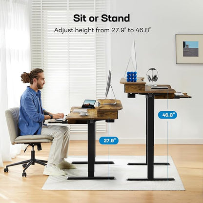 HUANUO 55" x 26" Electric Standing Desk with 2 Drawers & 26.7" Large Keyboard Tray, C-Clamp Mount Compatible, Adjustable Computer Desk for Home Office, Stand Up Desk with 4 Height Presets, Vintage