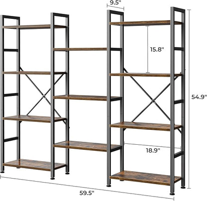 SUPERJARE Triple Bookshelf, Bookcase with 11 Open Display Shelves, Wide Book Shelf Book Case for Home & Office, 4 Tier, Brown