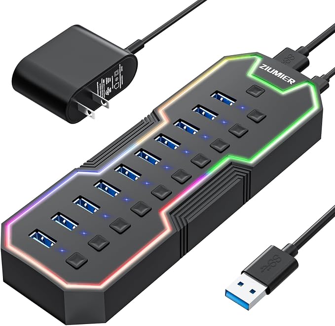 ZIUMIER Powered USB Hub, 10 Ports USB 3.0 Hub with RGB LED Strip | 12V/2A Power Adapter USB Extension,Individual LED On/Off Switches for Mac, PC, Desktop, Flash Drive, Mobile HDD
