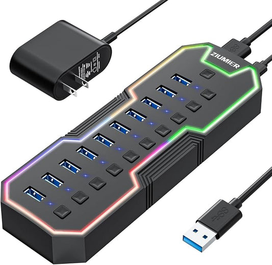 ZIUMIER Powered USB Hub, 10 Ports USB 3.0 Hub with RGB LED Strip | 12V/2A Power Adapter USB Extension,Individual LED On/Off Switches for Mac, PC, Desktop, Flash Drive, Mobile HDD