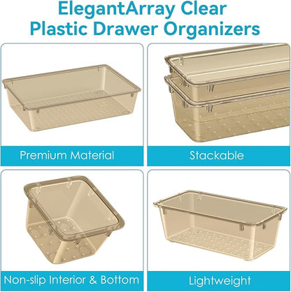 ElegantArray 12 PCS Drawer Organizer Set, 4 Sizes Tool Storage Trays, Clear Plastic Makeup Vanity Organizer and Storage Bins for Stationeries, Multiple Gadgets for Office, Bedroom, Champagne