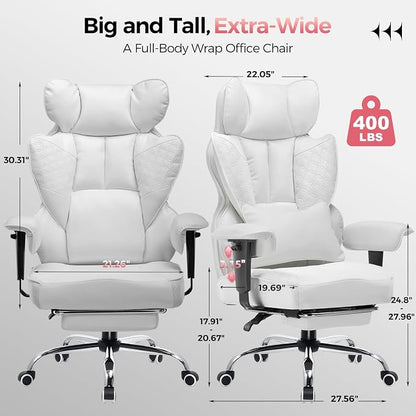 GTPLAYER Big and Tall Gaming Chair 400lbs Heavy Duty Office Chair with Foot Rest & Ergonomic Pocket Spring Lumbar Support, High Back Executive Computer Desk Chair for Lower Back Pain Relief, White
