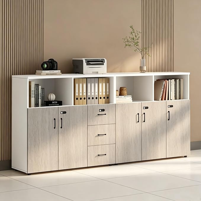 File Cabinet with Password Lock, Wood Lateral Filing Cabinet for Letter/A4 Files, 3 Drawer with Door, Printer Stand with Open Shelves for Home Office