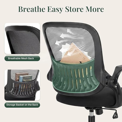 Home Office Desk Chair, Ergonomic Mid-Back Mesh Computer Task Chair with Comfortable Lumbar Support, Height Adjustable Swivel with Flip-up Armrest for Adults, Student, Black